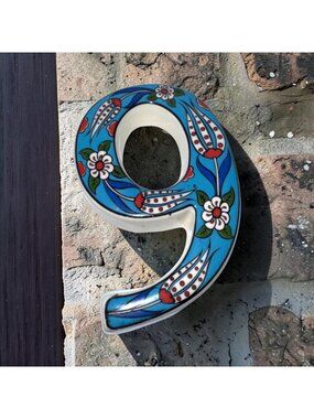 Ceramic House Number 9 With Floral & Tulip Design Decorative Address Plaque